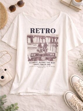Vintage Off Shoulder Graphic Tee | Raw Hem Neckline | Oversized Fit